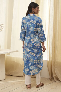 Blue Pure Cotton Floral Straight Kurta image number 3