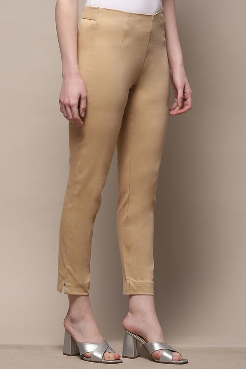 Beige Cotton Blend Slim Pant image number 3