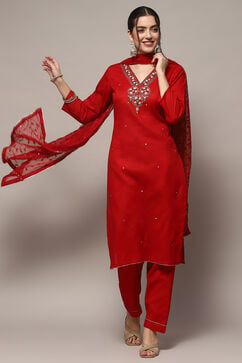 Red Cotton Unstitched Suit set image number 1