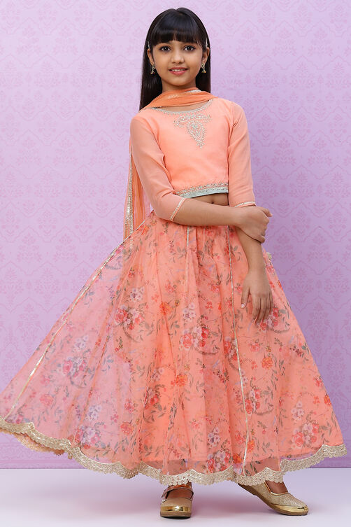 Peach Straight Poly Cotton Girls Lehenga Set image number 0