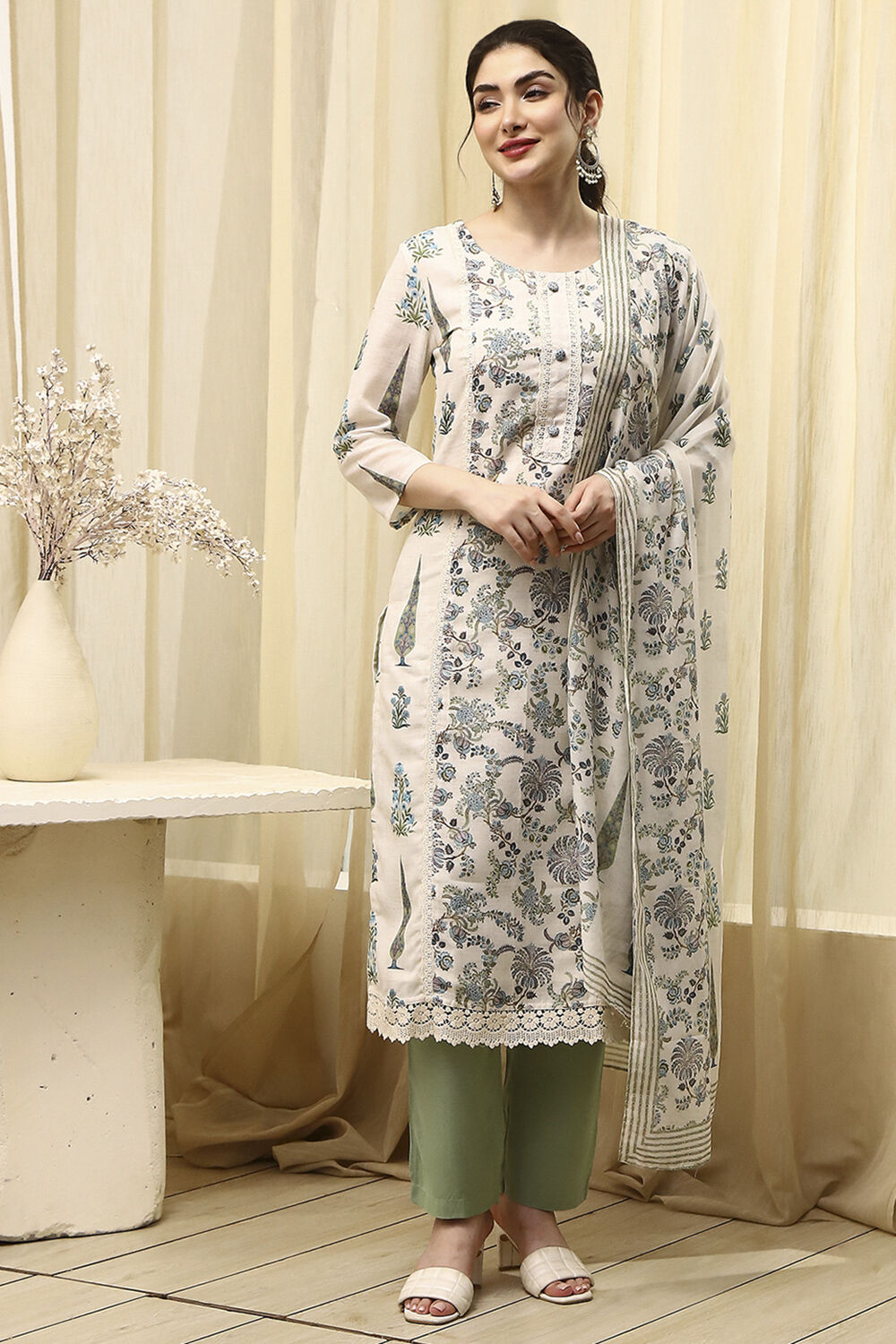 White Blue Cotton Blend Machine Embroidered Unstitched Suit Set image number 1