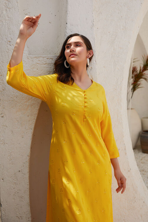 Yellow Rayon Straight Kurta image number 0