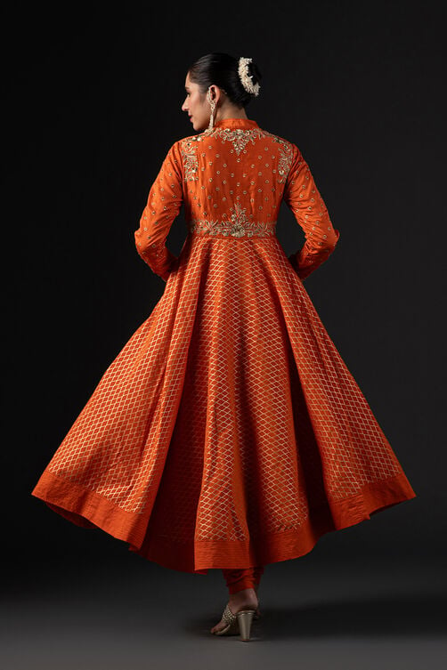 Rohit Bal Orange Cotton Silk Anarkali Printed Suit Set image number 5