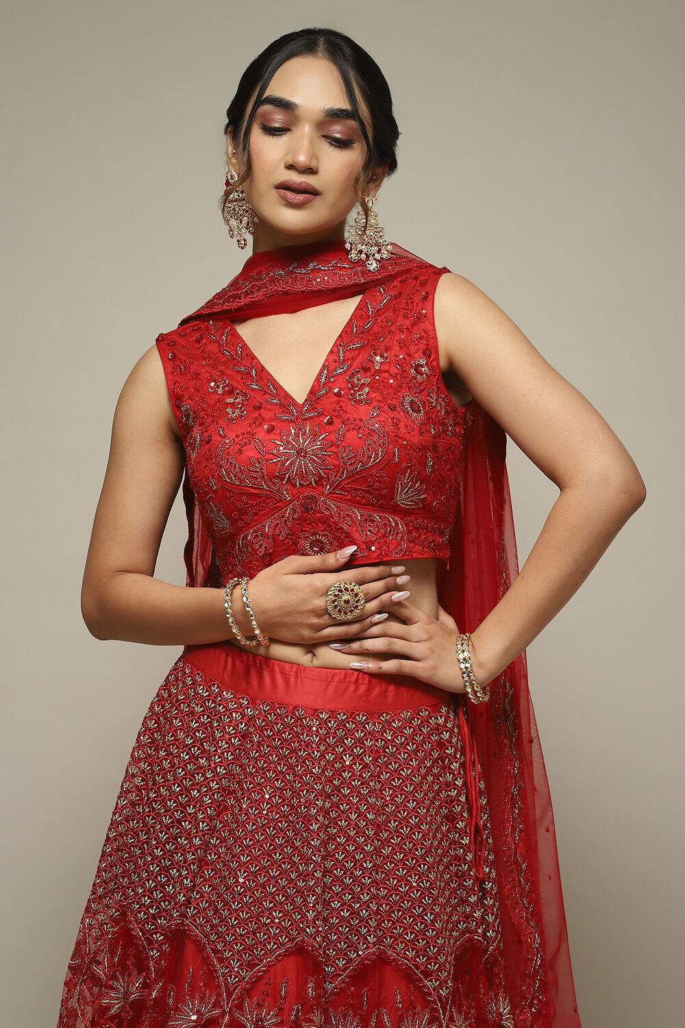 Red Nylon Embroidered Lehenga Set image number 1