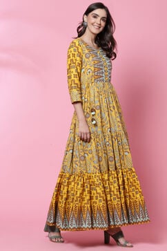 Mustard Cotton Flared Fusion Printed Dress image number 3