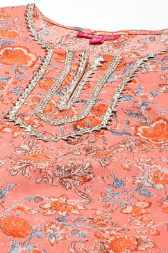 Salmon Orange Cotton Straight Printed Kurta Set image number 1