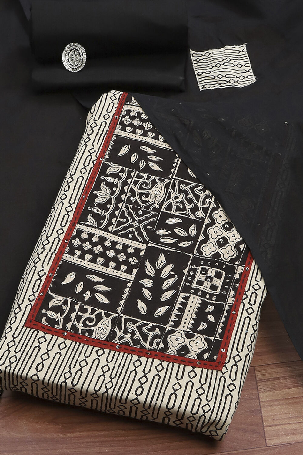 Black Cotton Hand Block Print Unstitched Suit Set image number 0