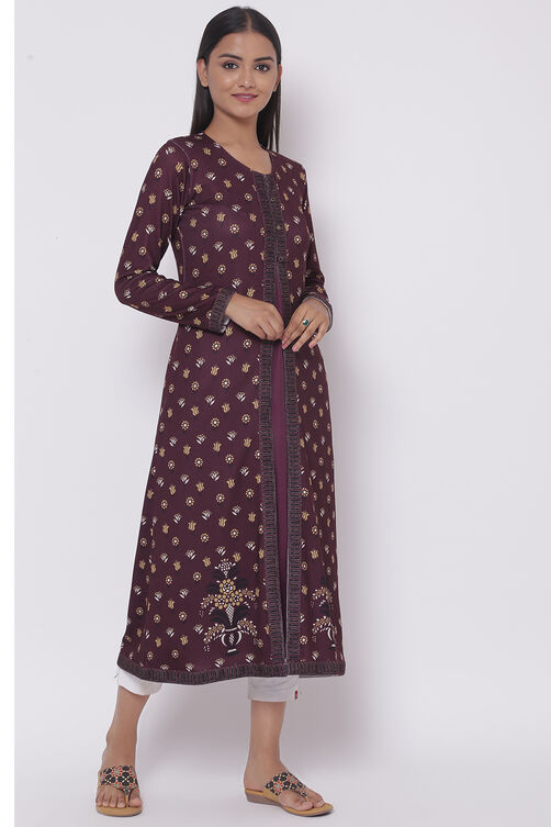 Plum Printed Winter Yarndyed Kurta image number 0