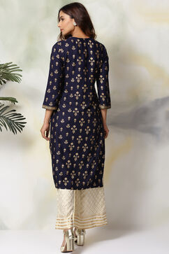 Navy Blue Rayon Straight Kurta Pants Set image number 4