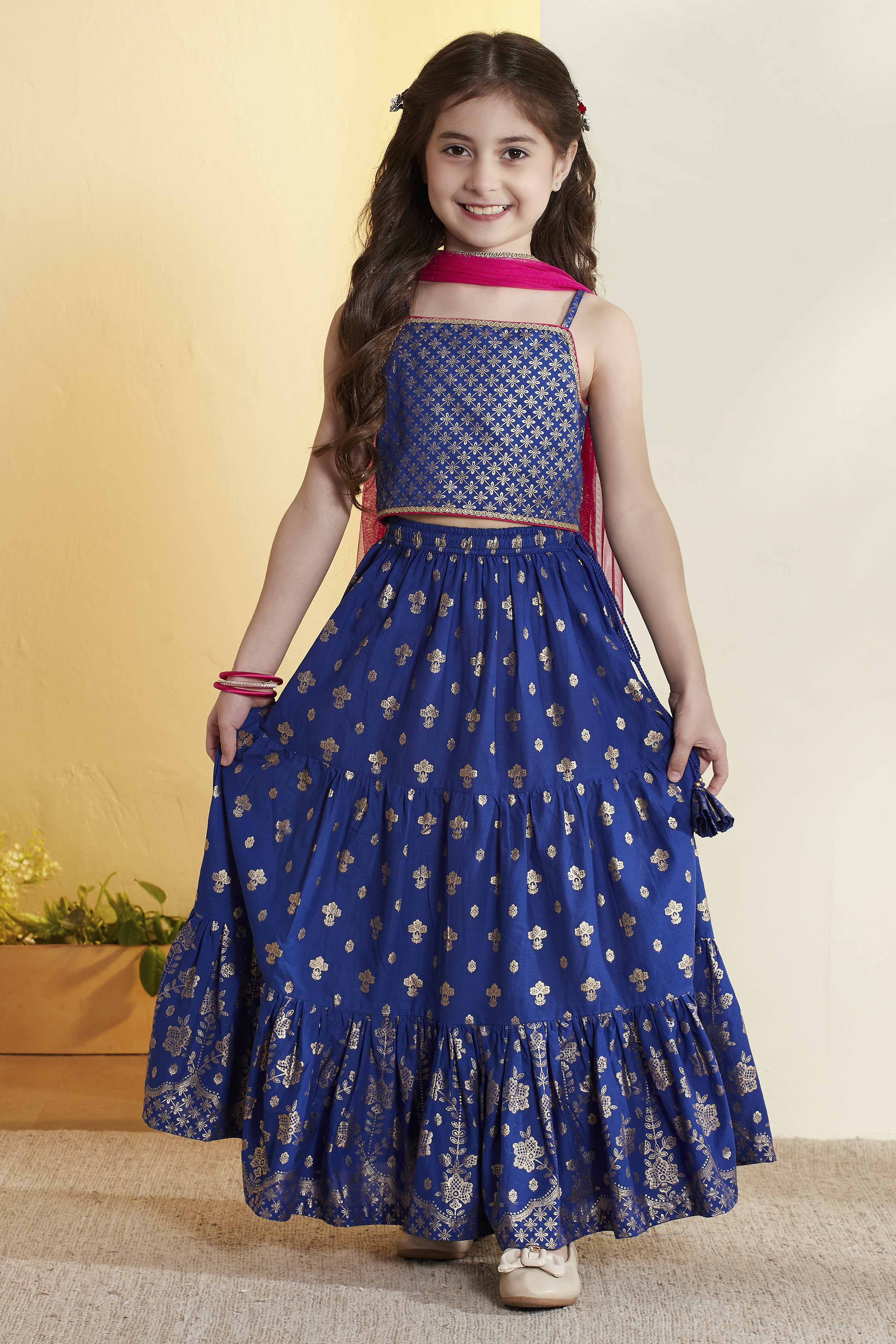 Blue Geometric Printed Cotton Lehenga Set image number 6