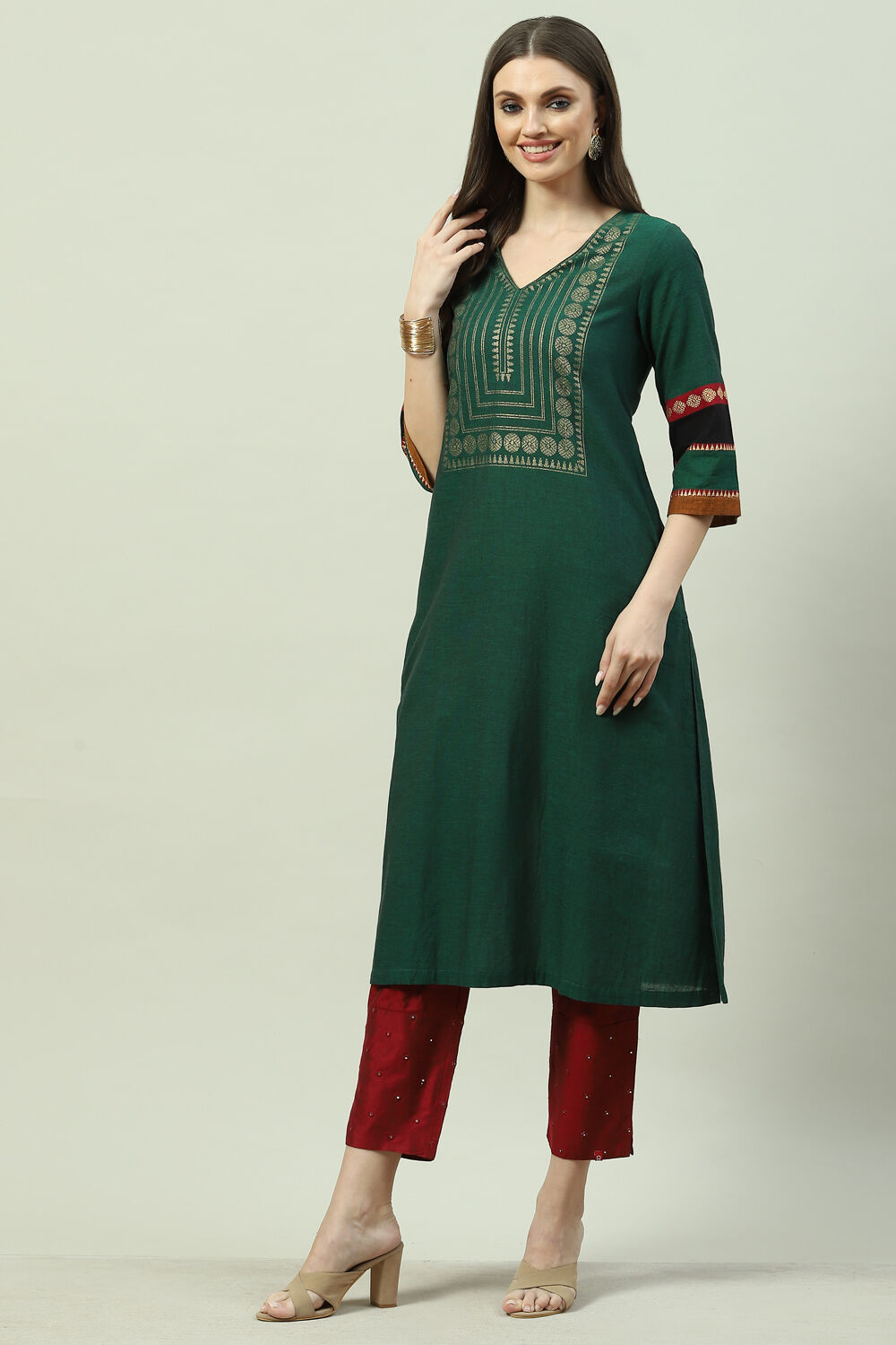 Green Cotton A-Line Printed Kurta image number 2