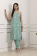 Green Cotton Ethnic Motif Printed Straight Suit Set