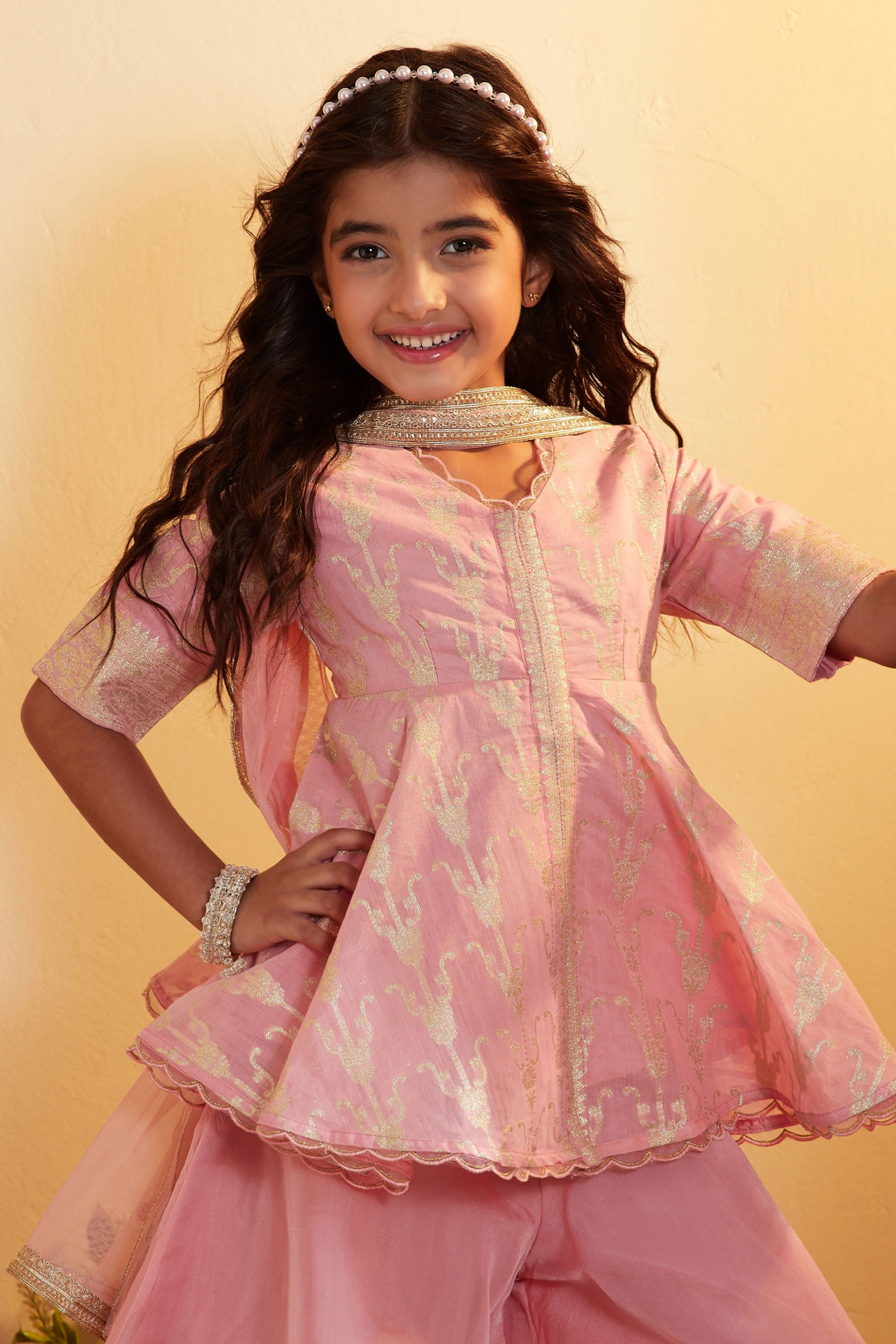 Peach Viscose Rayon Printed Front-Open Garara Kurta Set image number 1