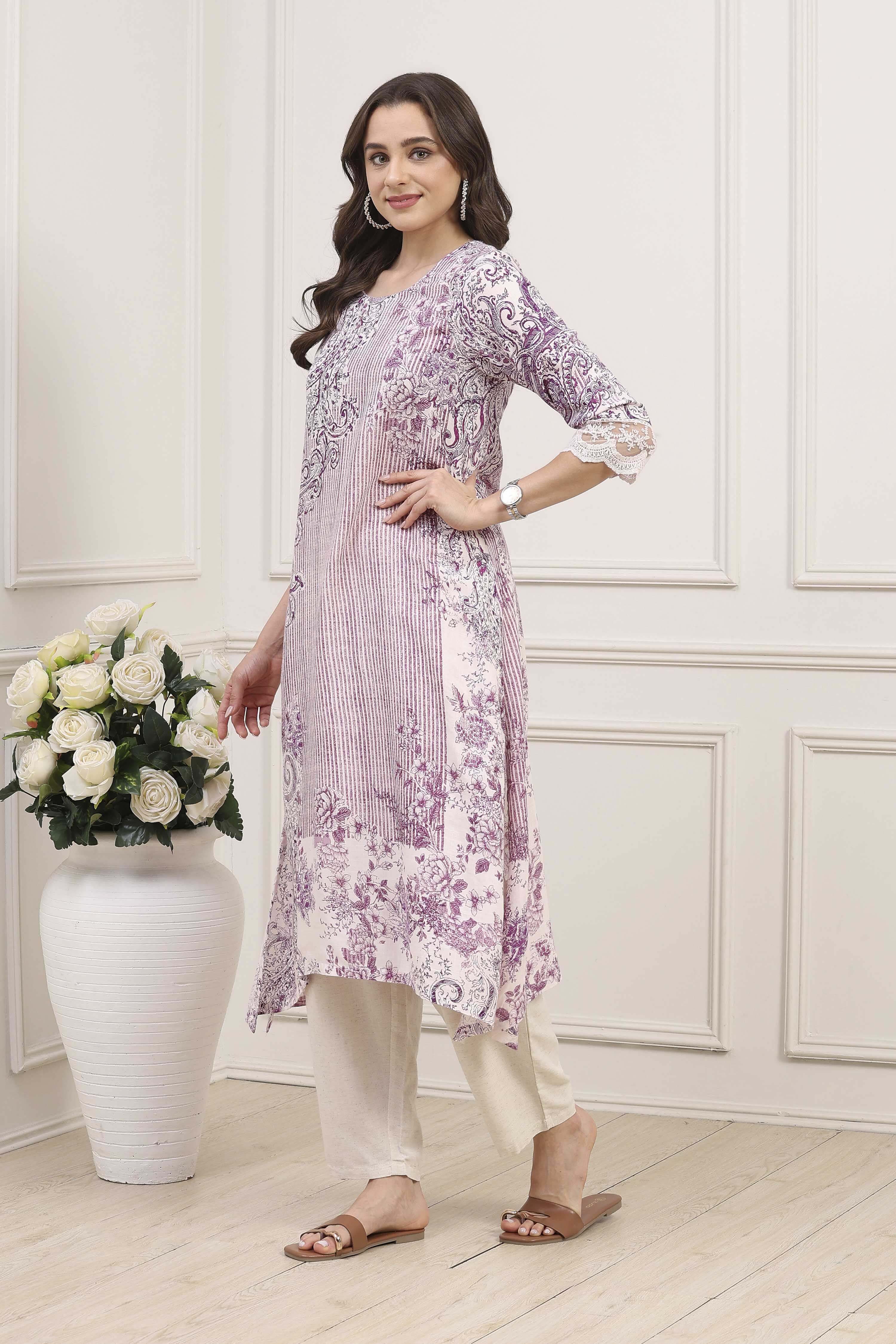 Purple Viscose Rayon Printed Straight Kurta image number 2