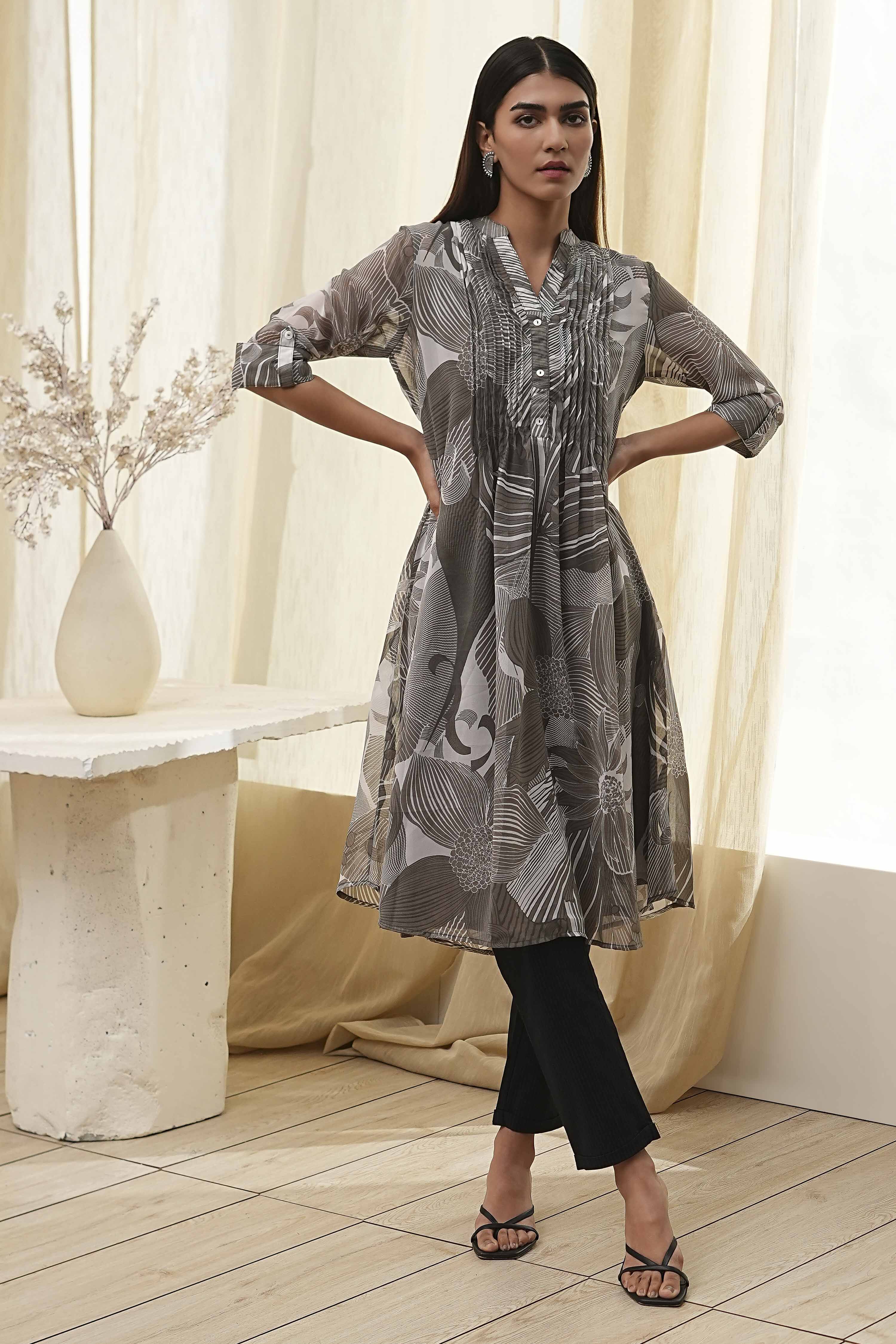 Blue Printed Pleated A-Line Kurta image number 0
