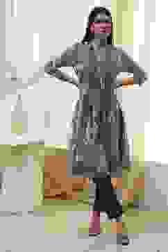 Grey Printed Pleated A-Line Kurta image number 0
