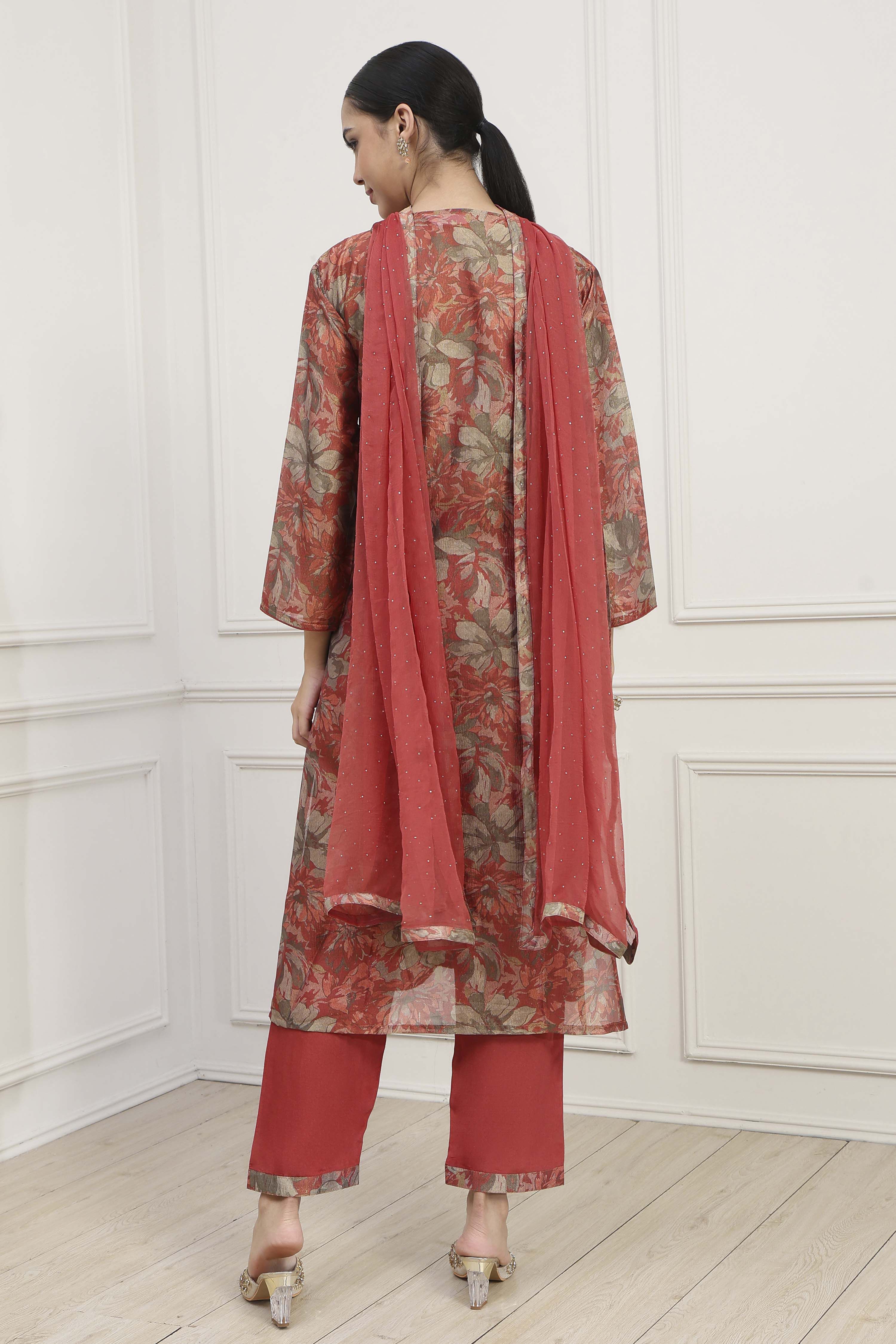 Rust Silk Blend Machine Embroidered Unstitched Suit Set image number 5