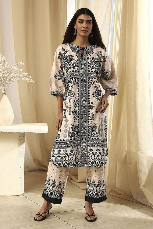 Beige and Brown Pure Cotton Printed Kurta Set image number 6