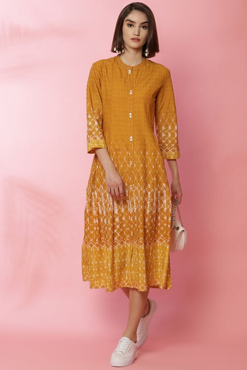Mustard Rayon A-Line Printed Dress image number 0
