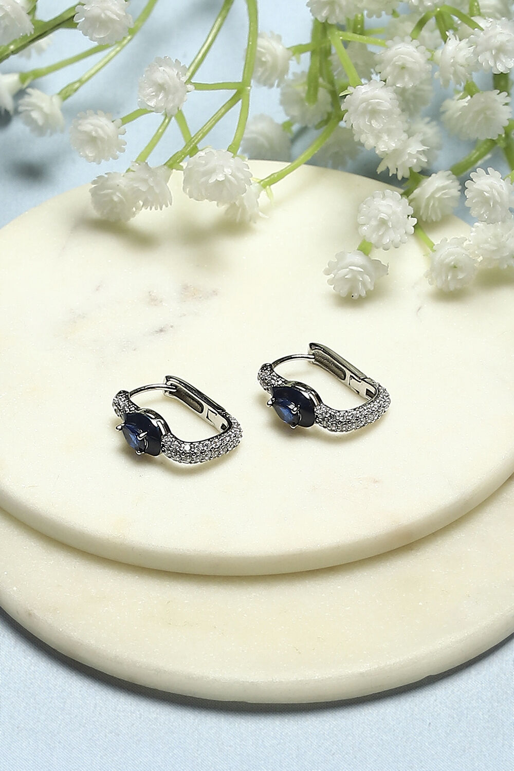 Navy Blue Silver-Plated CZ Studded Rectangular Hoops image number 0