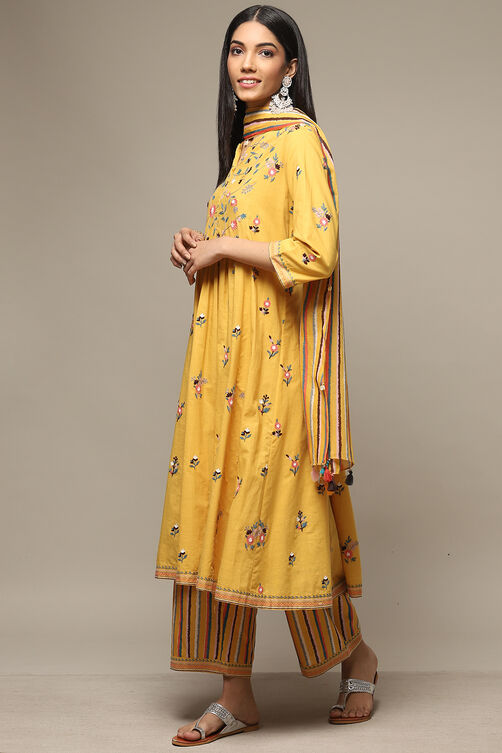 Yellow Cotton Gathered Kurta Palazzo Suit Set image number 0