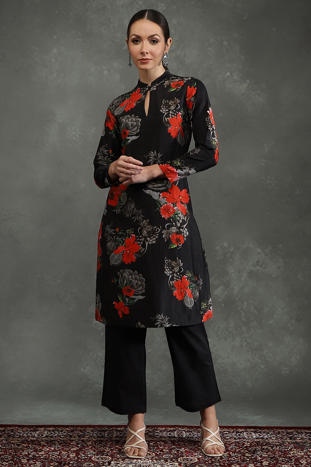 Black Silk Chanderi Floral Printed Straight Kurta Set image number 0