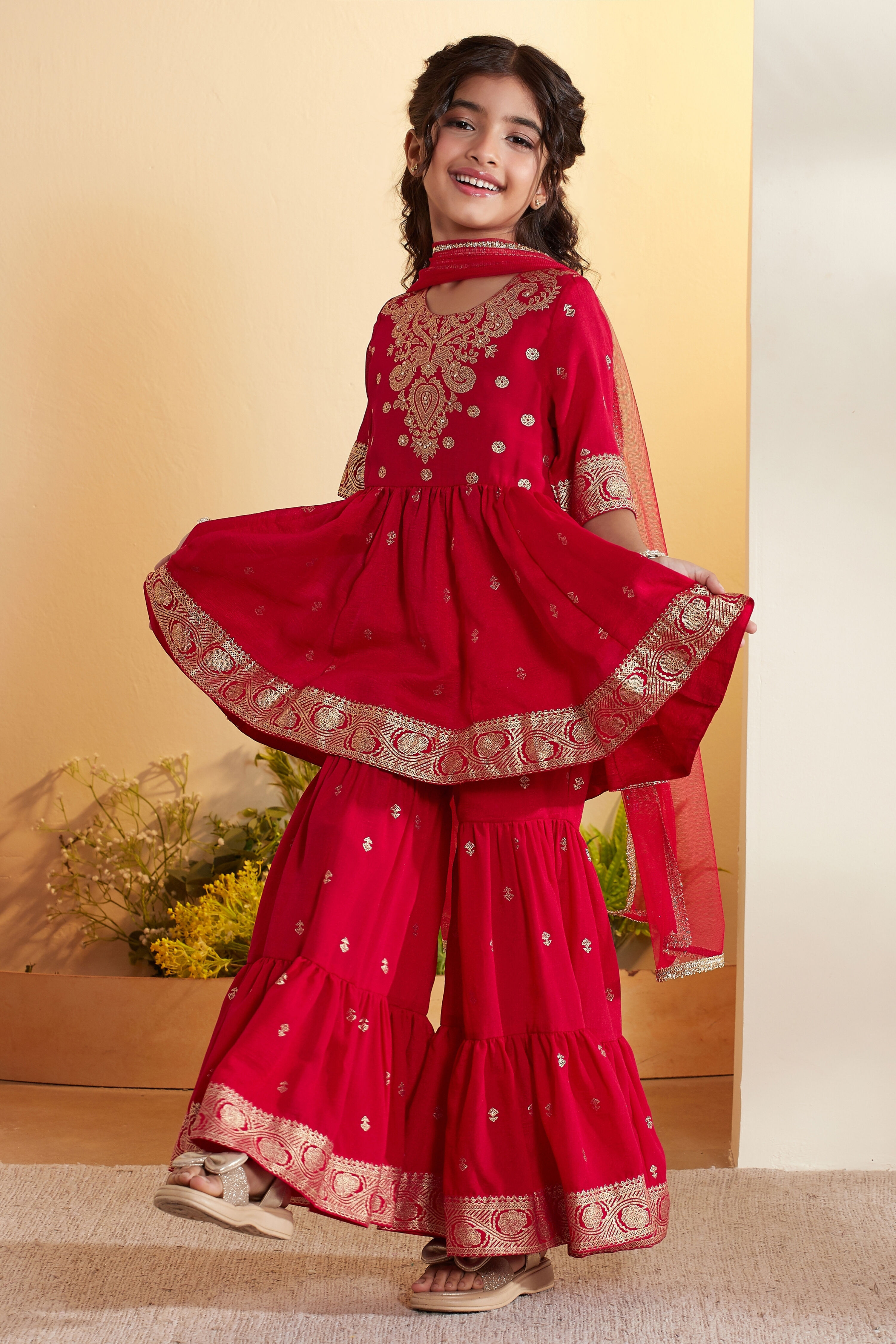 Red Ethnic Motifs Garara Kurta Set image number 3