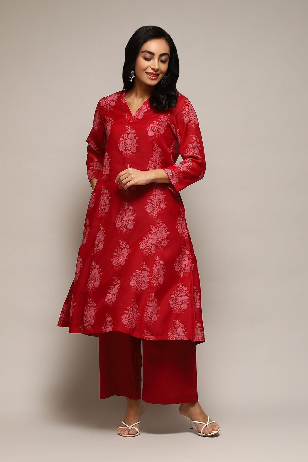 Pink Poly Chanderi A-Line Printed Kurta Palazzo Suit Set image number 6