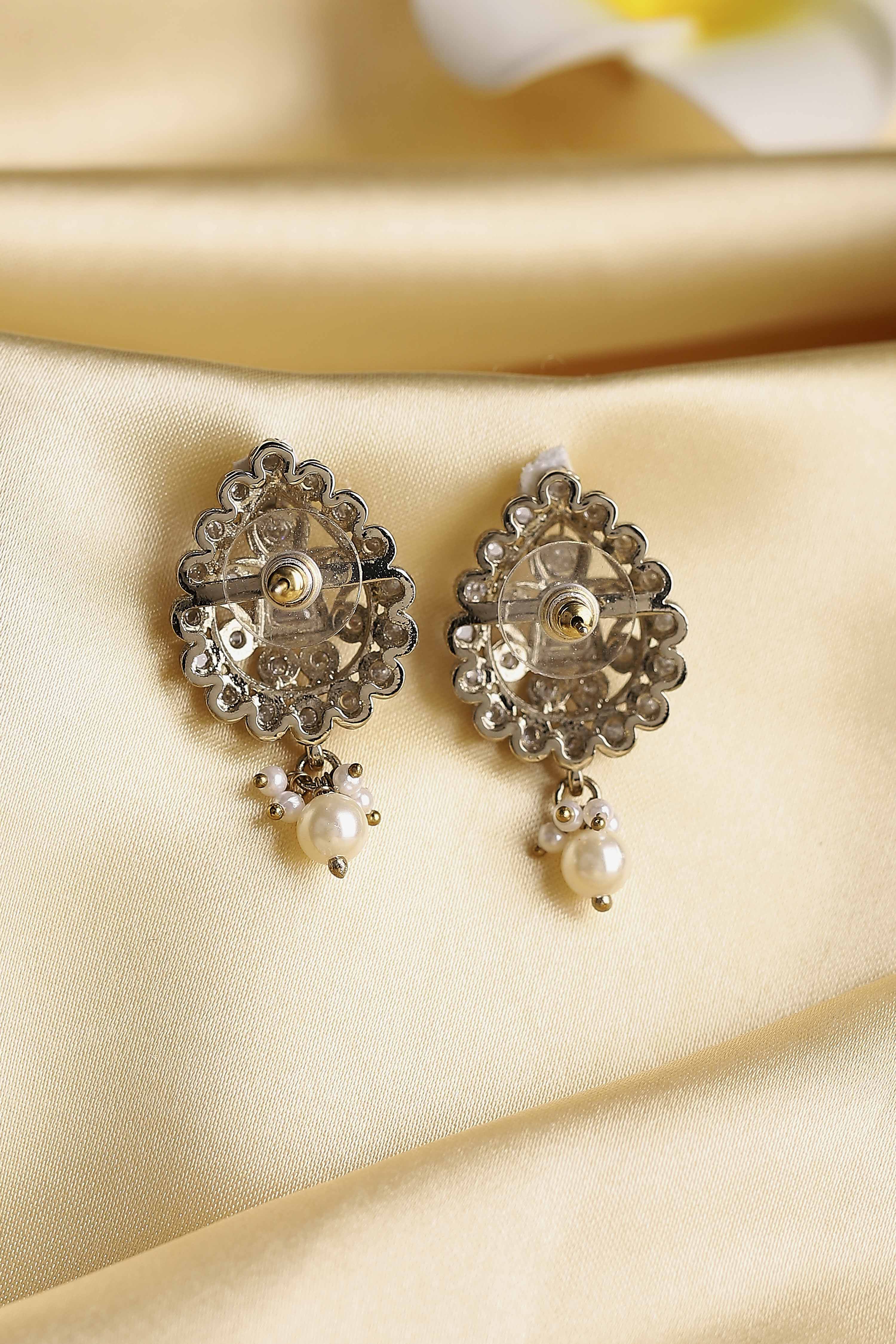 Silver Toned Gold Plated Brass Studded Drop Earrings image number 2