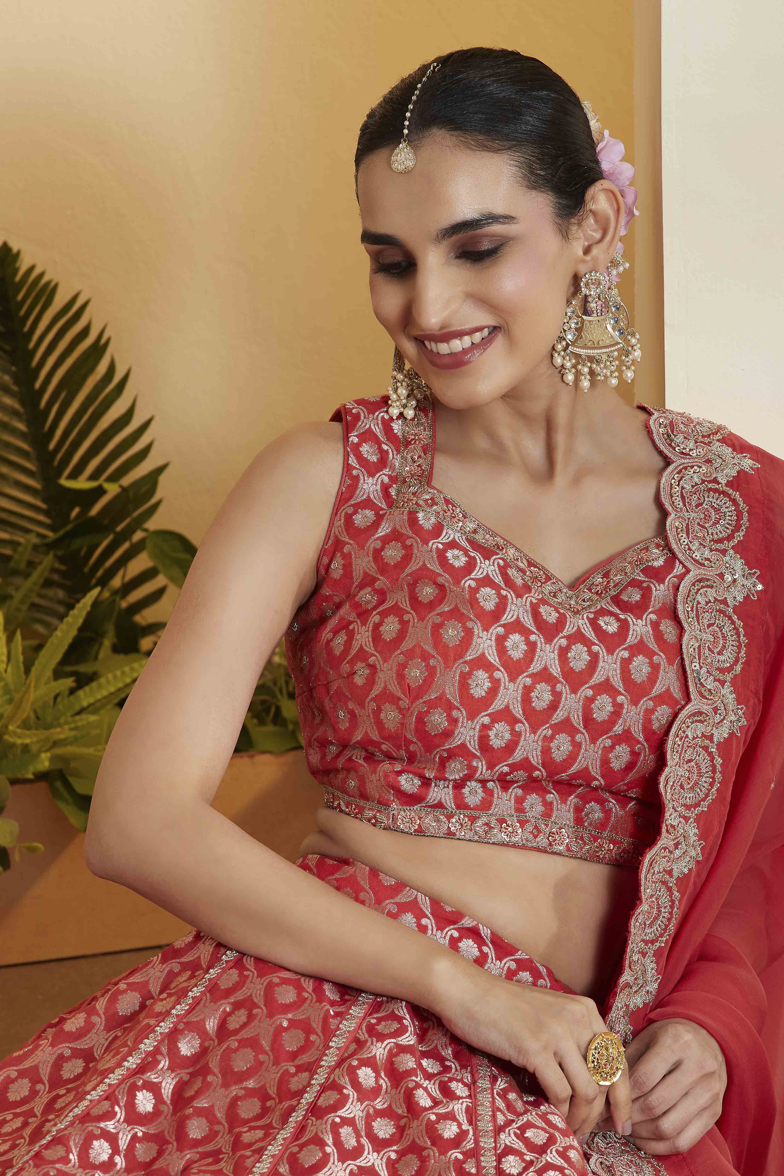 Coral Silk Kalidar Lehenga Set image number 5