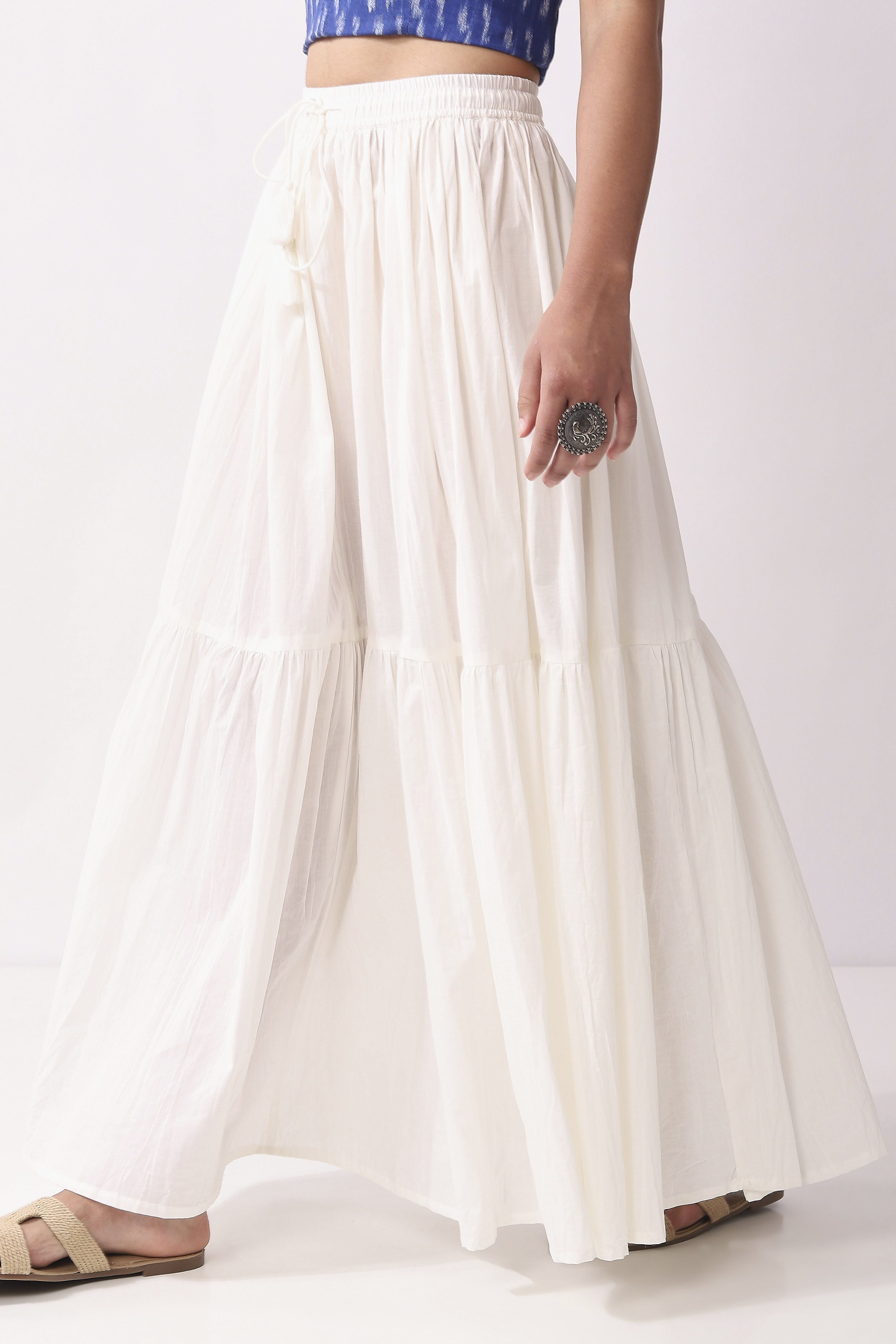 White Cotton Tiered Maxi Skirt image number 3