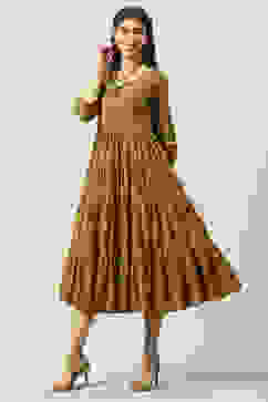 Ochre Cotton Printed Flared Tiered Dress image number 2