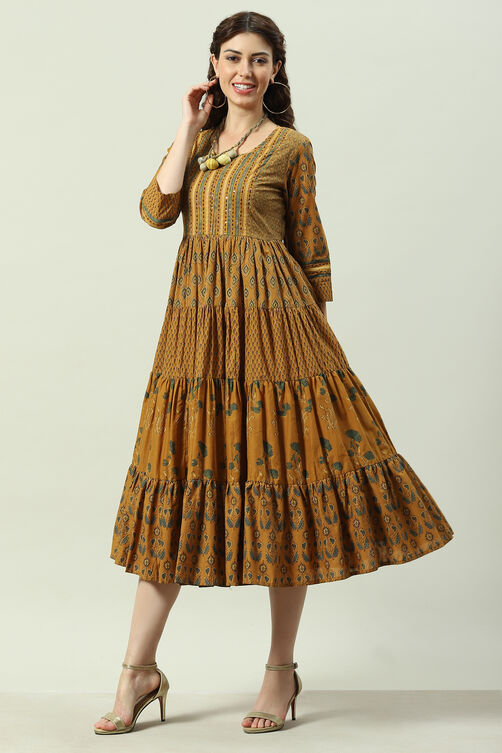 Ochre Cotton Flared Fusion Printed Dress image number 2