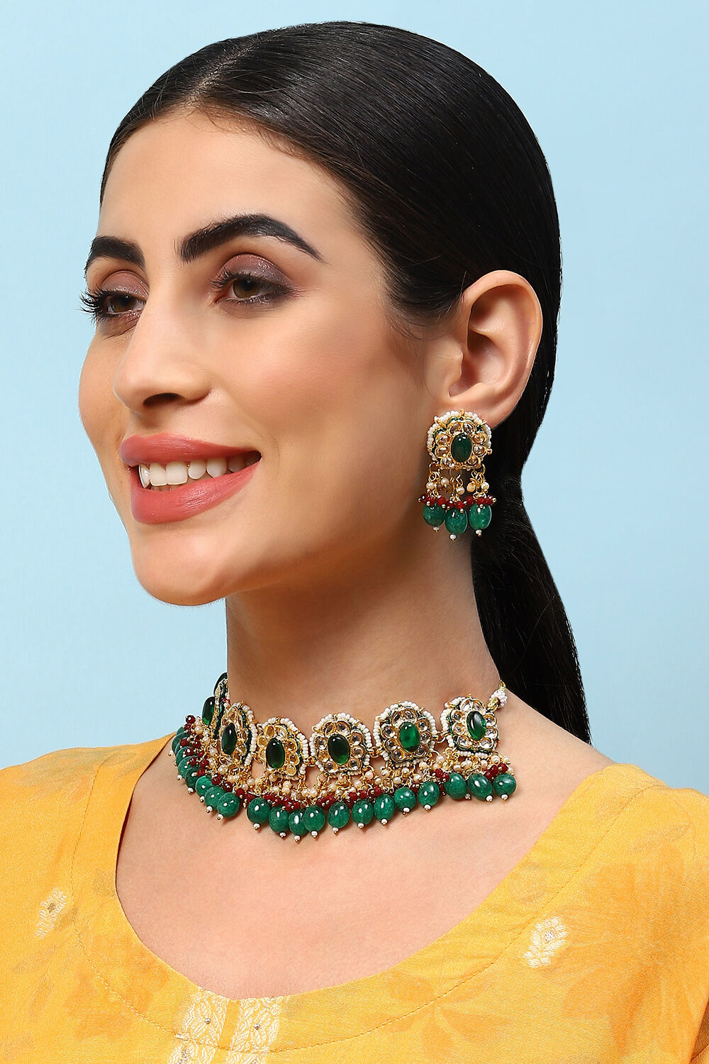 Green & Red Brass Necklace Set image number 3