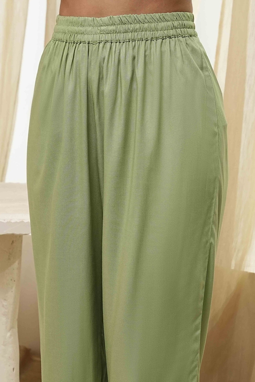 Olive Green Embroidered Gathered Suit Set image number 2