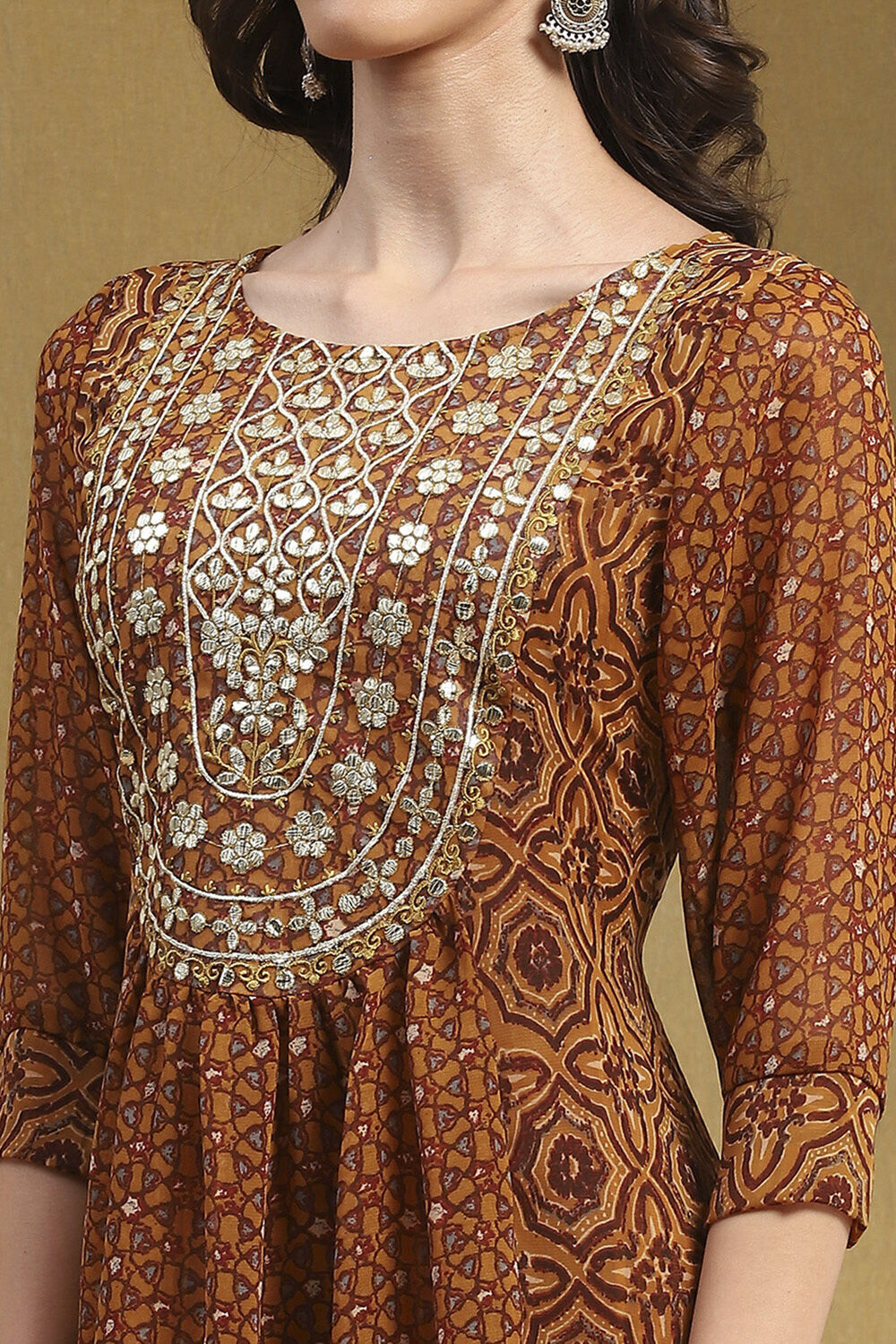 Brown Georgette Printed Gathered A-Line Kurta image number 1