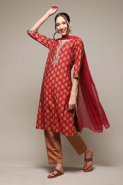 Green & Maroon Modal Blend Straight Kurta Pant Suit Set image number 0
