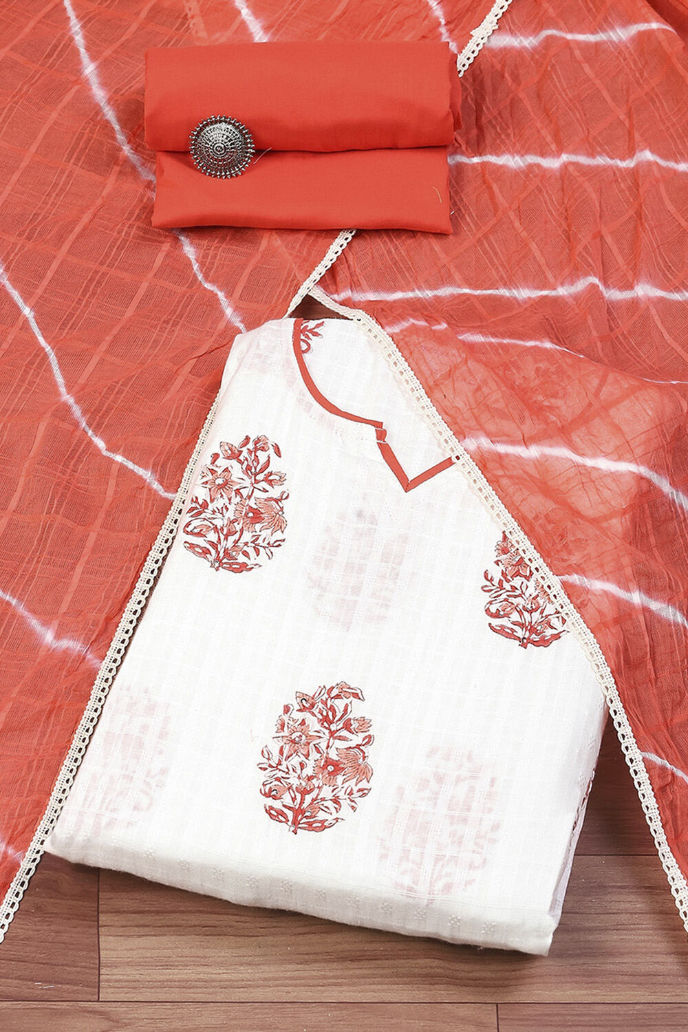 Red Cotton Hand Block Print Unstitched Suit Set image number 0