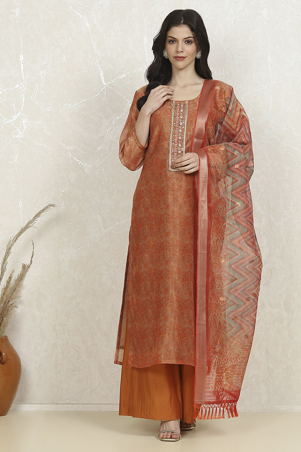 Orange Chanderi Unstitched Suit Set image number 7