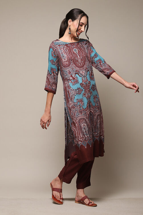 Teal LIVA Straight Printed Kurta image number 3