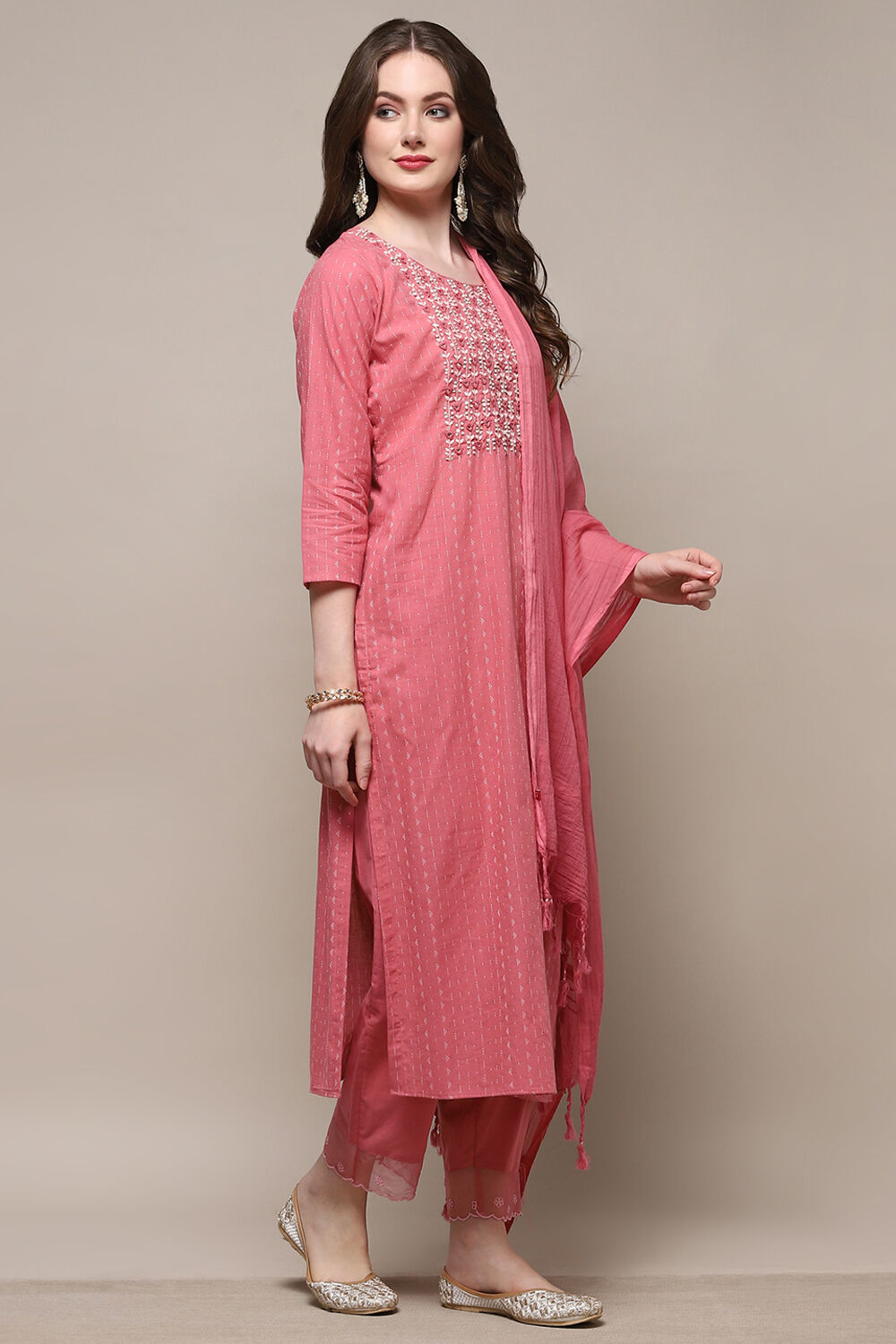 Peach-Colored Cotton Embroidered Unstitched Suit set image number 7