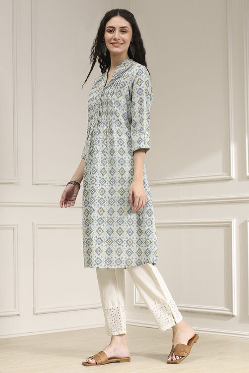 Blue Cotton Printed A-Line Kurta image number 2