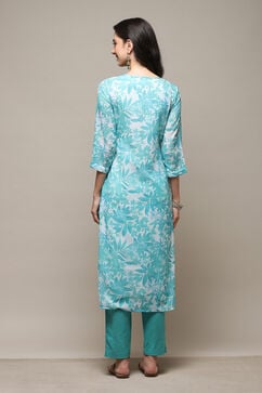 Teal Blue Silk Blend Printed Unstitched Suit Set image number 5