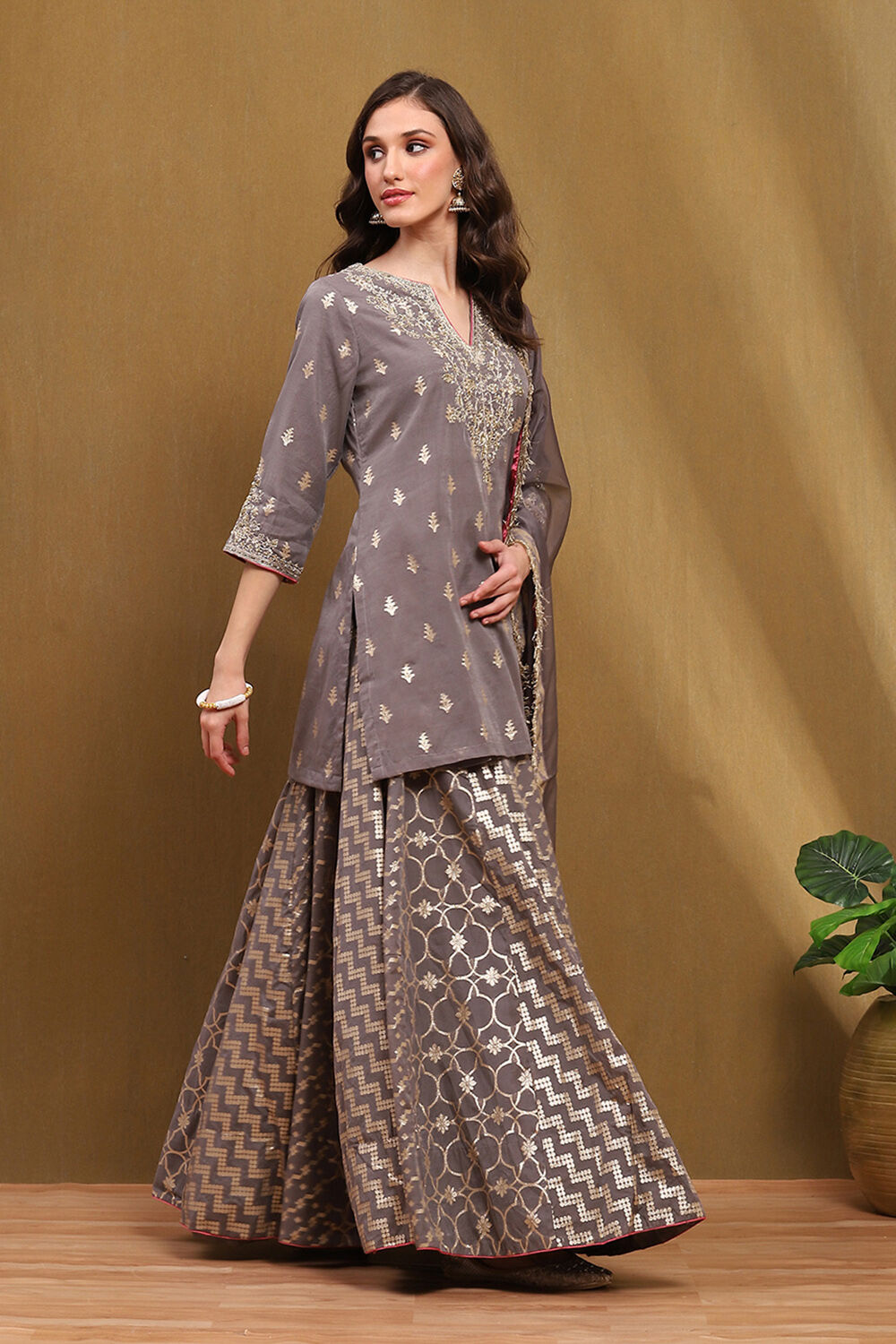 Grey Brocade Embroidered Festive Skirt Set image number 7