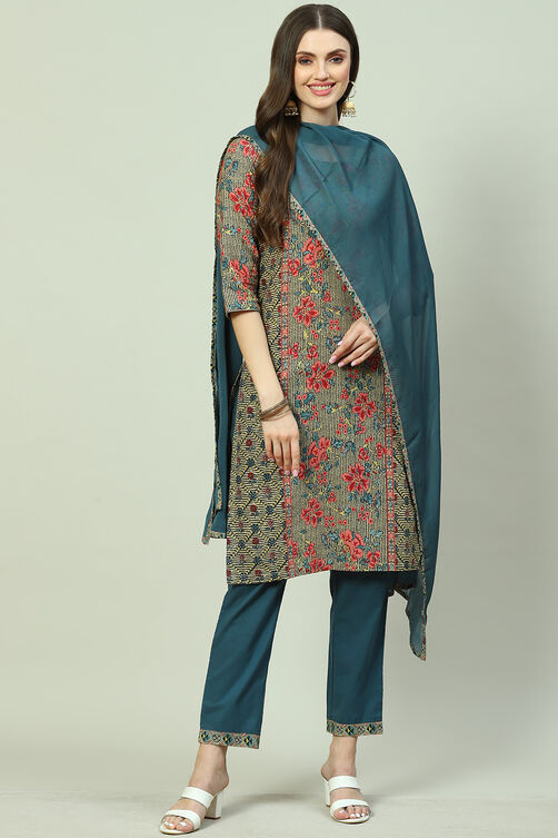 Multi-coloured Printed Straight Kurta Regular Pants Suit Set image number 6
