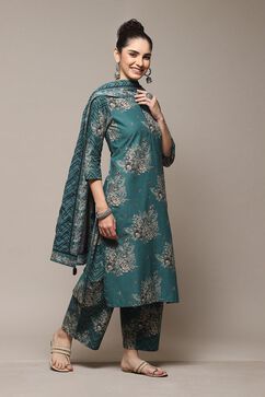 Dark Green Cotton Straight Kurta Palazzo Suit Set image number 6