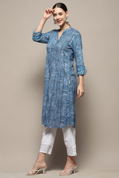 Blue Gathered Printed Straight Kurta image number 3