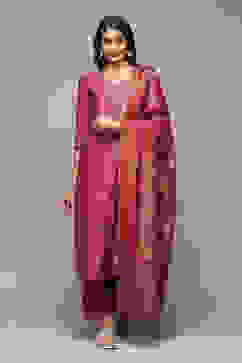 Fuschia Cotton Blend Straight Yarndyed Kurta Suit Set image number 7