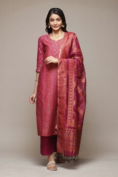 Fuschia Cotton Blend Straight Yarndyed Kurta Suit Set image number 7