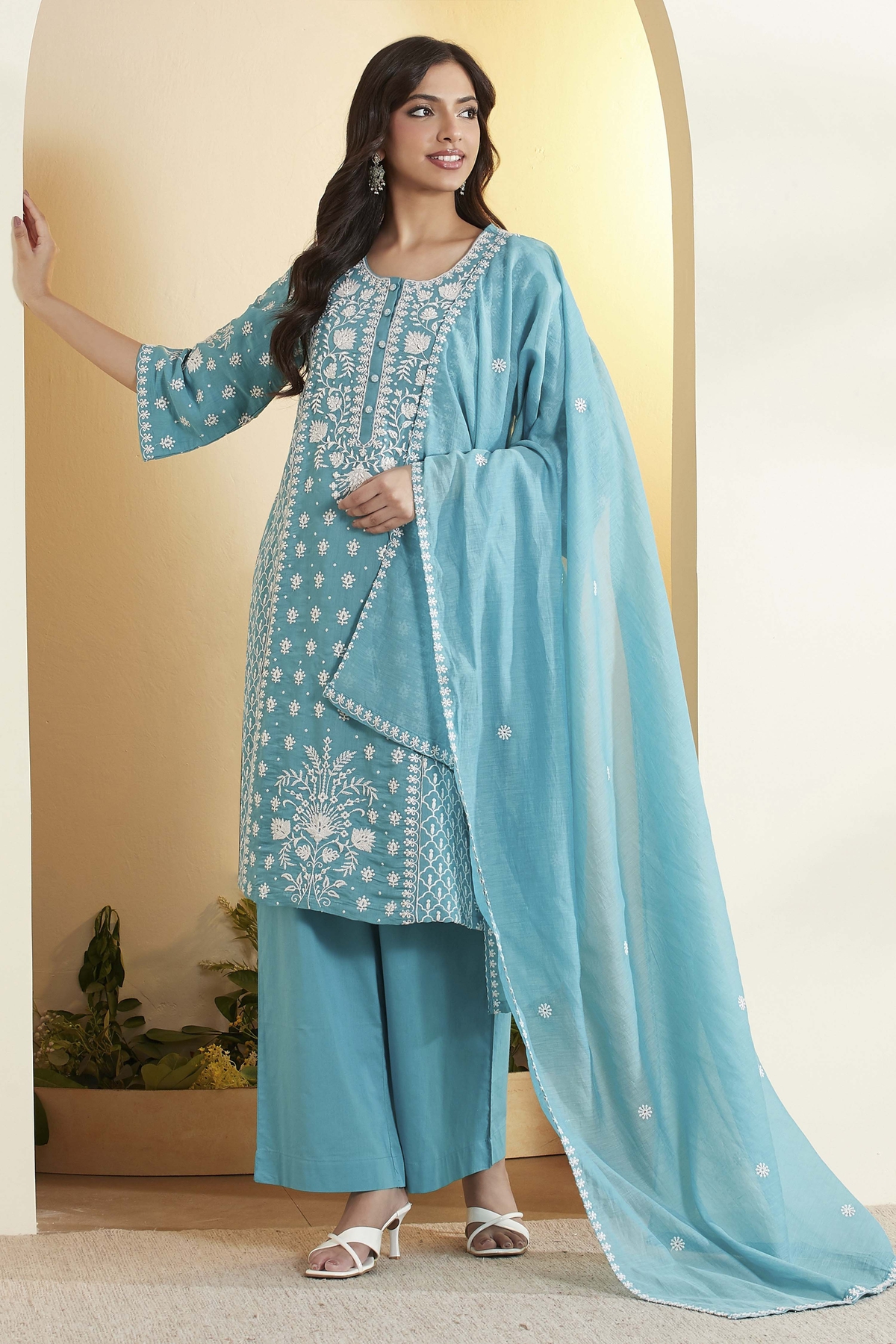 Teal Blue Viscose Blend Embroidered Straight Kurta Set